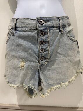 Free People Light Blue Distressed Button-Front Denim Shorts